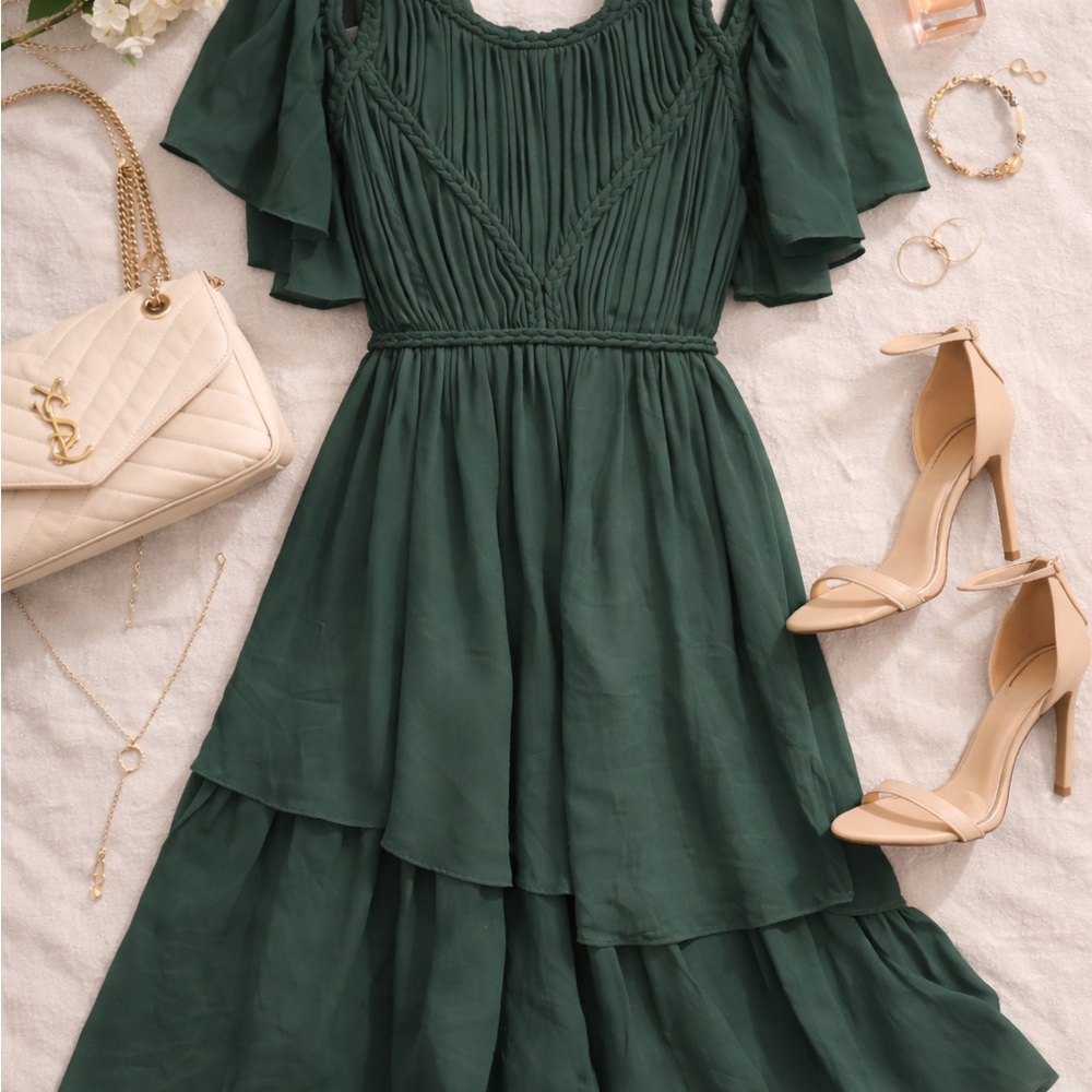 Women’s Dark Green Tiered Midi Dress with Braided Detail